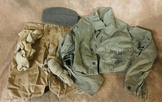 U.S. M. C. Long Sleeve Green Shirt, Cap & Brown khaki Pants