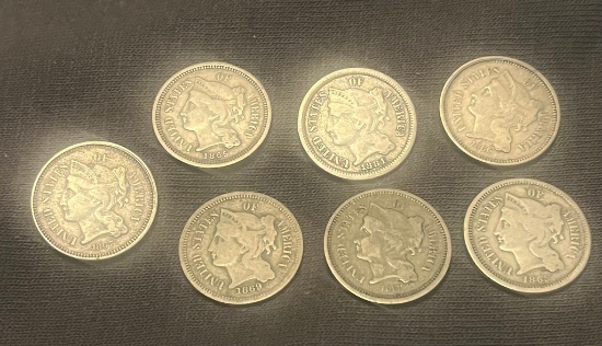 Lot Of (7) 3 Cent Coins Various Dates