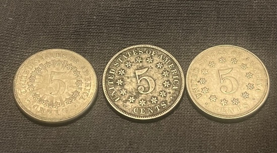 3 Shield Nickels, 1866, 1867 And 1882