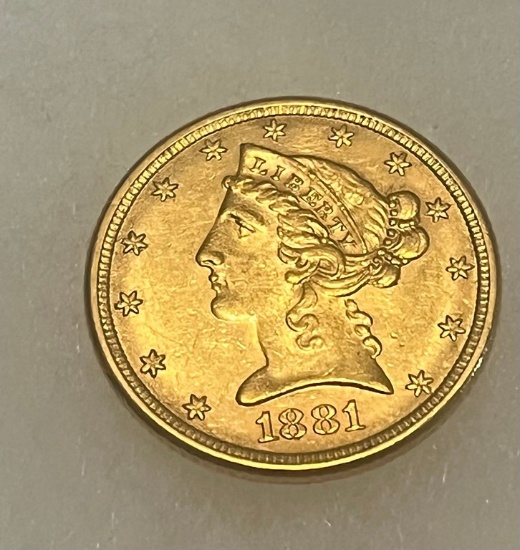 1881 5 Dollar Fine Gold Coin