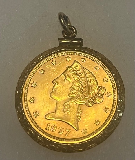 1907 5 Dollar Fine Gold Coin In Bezel