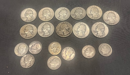 11 Washington 90% Silver Quarters And 8 Roosevelt Dimes