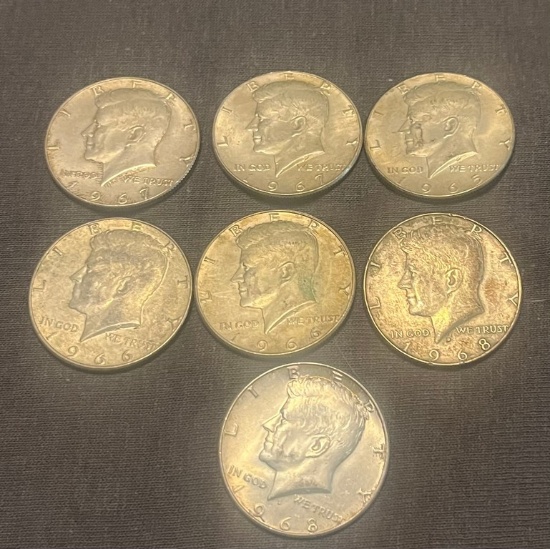 Lot Of 7 40% Silver Kennedy Half Dollars