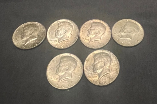 6 1964 90% Silver Kennedy Half Dollars