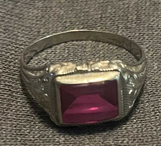 10K White Gold & Light Red Stone Ring