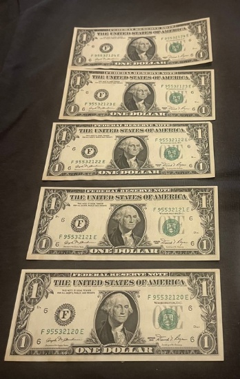 5 Series 1981 Serial #'s In Sequence $1.00 Notes