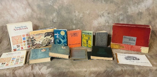 Tray Lot Old Books, Foundation Printing Set & More