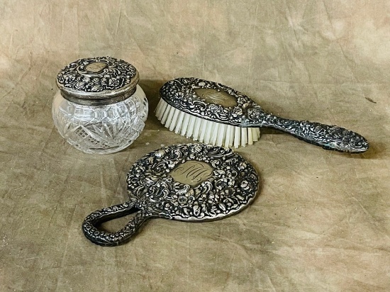 3 Piece Victorian Monogramed Sterling Dresser Set