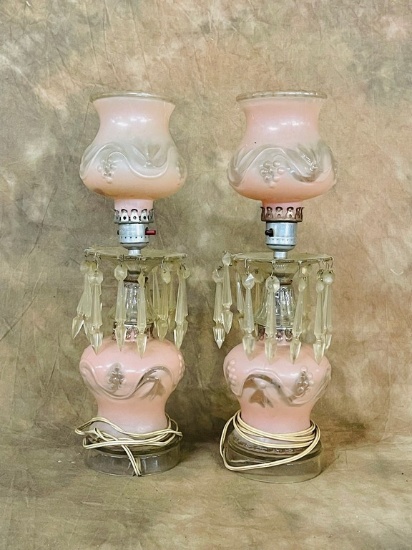 Pair Of Pink Frosted Glass Depression Era Dresser Lamps
