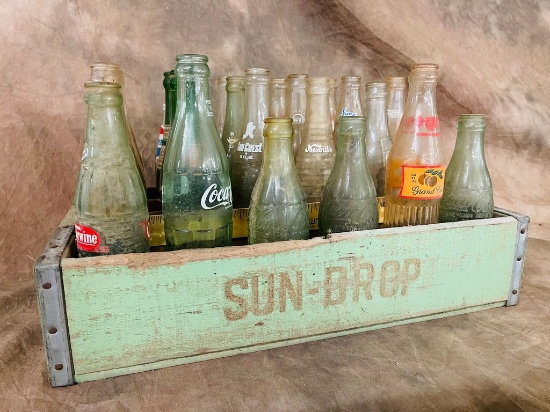 Sun Drop Wood Crate & Assorted Soda Bottles