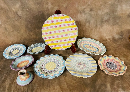 9 Pieces Pastel Decorated Studio Pottery