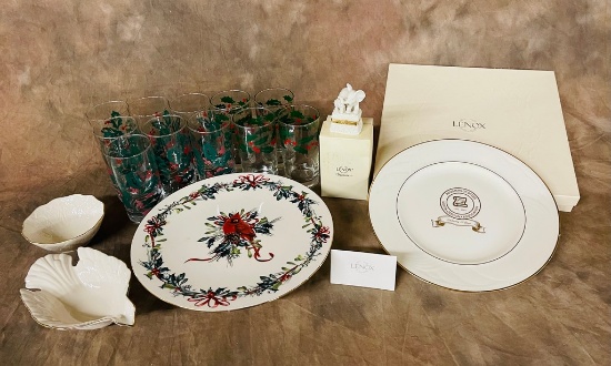 Tray Lot Lenox China & Christmas Glasses
