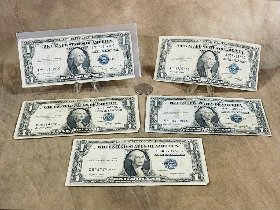 5 1935 $1 Blue Seal US Banknotes