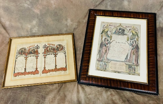 1858 Watercolor Family Register & 1870 Watercolor Birth Record