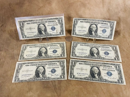 6 1935 $1 Blue Seal Silver Certificate Notes