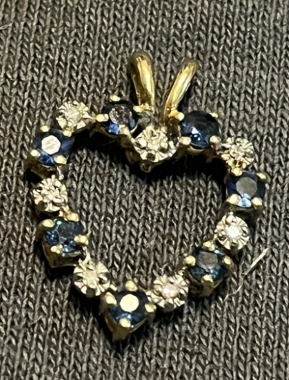 10 Kt. Gold Sapphire and Diamond Chip Heart Pendant