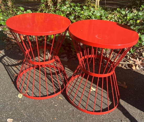 Lot of Two Red Metal Drum Designed Outdoor Tables