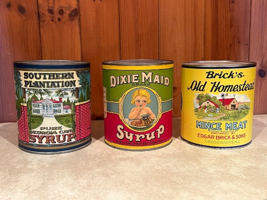Lot Of 3 Color Graphic Old Timey Advertising Labels On Cans