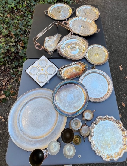 Large Box Lot of Silverplate Serving Ware