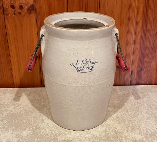 Blue Crown Antique Stoneware Jar With Wire &Wood Bail Handles