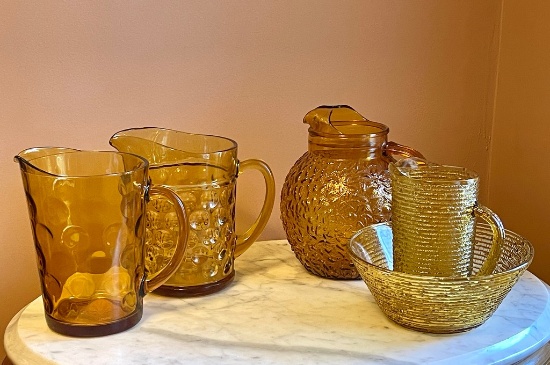 Lot Of 5 Vintage Amber Color Glass Pieces