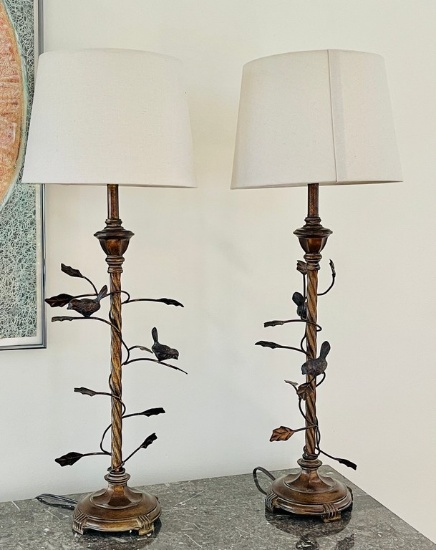 Pair of Bird and Vine Metal Designer Lamps