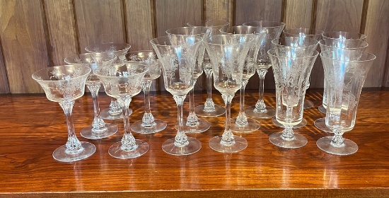 (17) Pieces of Tiffan Fransican Cherokee Rose Etched Stemware