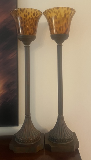 tbaPair of Designer Lamps with Brown Glass Shades