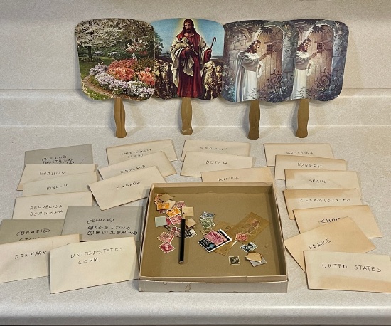 Vintage Used Stamp Collection & Cardboard Fans