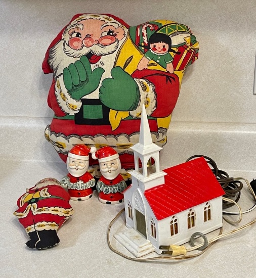 Vintage Santa & Light Up Plastic Church Lot