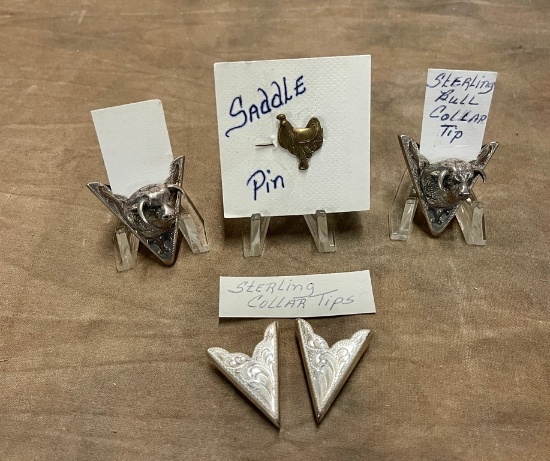 (2) Pairs of Sterling Silver Western Boot Tips and Saddle Pin