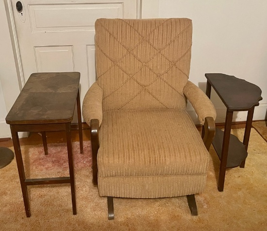 Vintage Fabric Covered Rocking Chair & 2 Side Tables