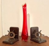 Wood Bookends & Red Sling Glass Vase