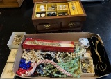 Costume Jewelry Tray Lot & Wood Jewelry Box