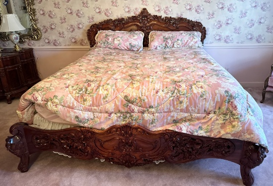 Profusely Carved Mahogany King Size Country French Bed With All Its Trimmings