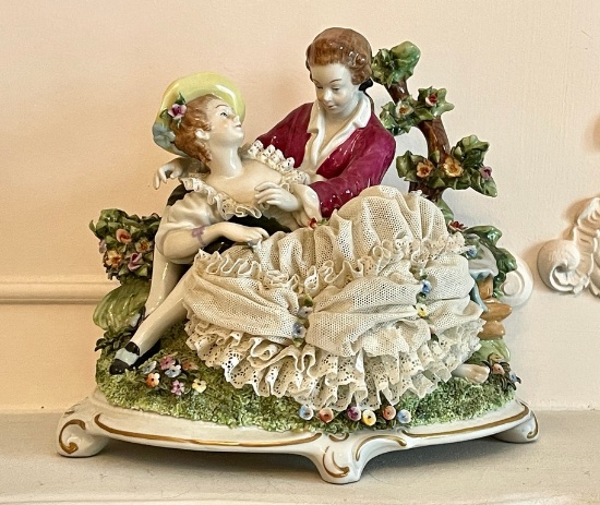 Large Dresden Courting Couple Love Story Figurine in Lace Dress