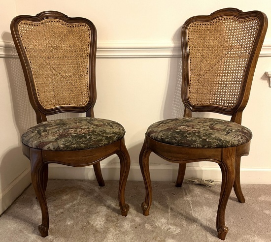 Pair of Straight Chairs with Cane Backs and Upholstered Seats