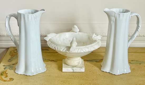 Italian Alabaster Birdbath & 2 Matching White Ceramic Pitchers