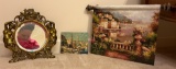 Lot of Two Prints and Brass Ornate Round Mirror