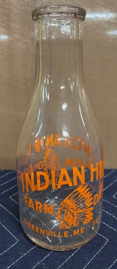 Indian Hill Farm Dairy One-Quart Milk Bottle from Greenville, Maine