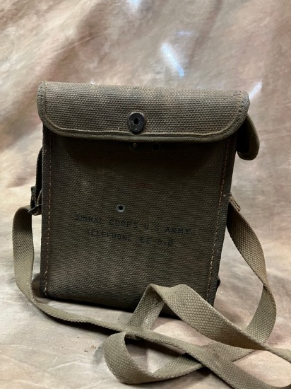 Signal Corps US Army Telephone EE-8-B in Hard Canvas Holder with Arm Strap WWII