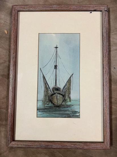 John Brady Watercolor and Pen and Ink of Fishing Boat