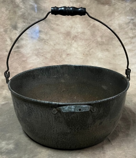 Antique Gray Granite Enamel Wood and Wire Bail Handled Cook Pot