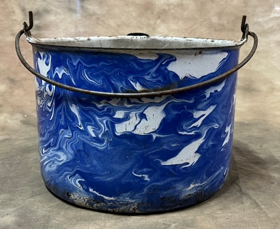 Cobalt Blue Swirl Porcelain Enamel Cook Pot with a Wire Bail Handle