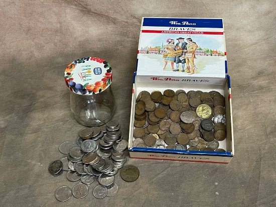 Braves Cigar Box with Pennies and Jar of Quarters and International Coins