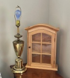 Pine Tabletop Display Cabinet & Brass Lamp
