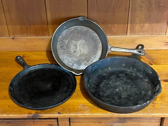 Made in USA OG Cast Iron Griddle and Two Unmarked Fry Pans