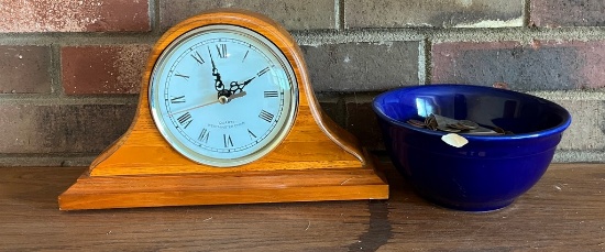 Westminster Chime Clock (Battery) and Chipped Bowl Half Full of Pennies