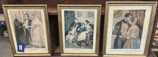 Neat Lot Of 3 1860's Hand Colored Lithographs Depicting Marriage