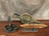 Tray Lot Primitives & Brass/Wood Fireplace Bellows